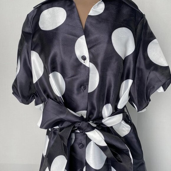 NEW NANCY YANG  Women’s Maxi Dress Black/White Size L Polka Dot Ruffle Belted - Picture 8 of 9